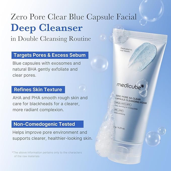 medicube Pore Purifying Cleansing Set: Mini Booster Pro Plus Cleansing Device Set (Beige) and Zero Pore Clear Blue Capsule Facial Deep Cleanser