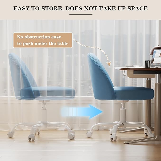 Velvet Vanity Chair with Wheels, Height Adjustable Swivel Makeup Chair, Armless Small Desk Chair for Bedroom/Office/Vanity Table, 250 lbs Capacity (Velvet, Blue)