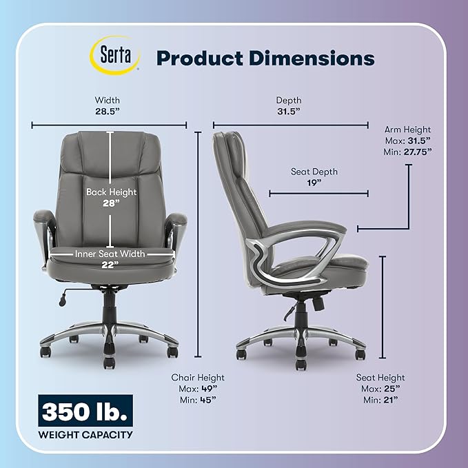 Serta Fairbanks Big and Tall Executive Office Chair - Ergonomic High Back Computer Desk Chair with Lumbar Support, Memory Foam Seat Cushion, Padded Armrests, Bonded Leather, 350 lb Capacity - Gray