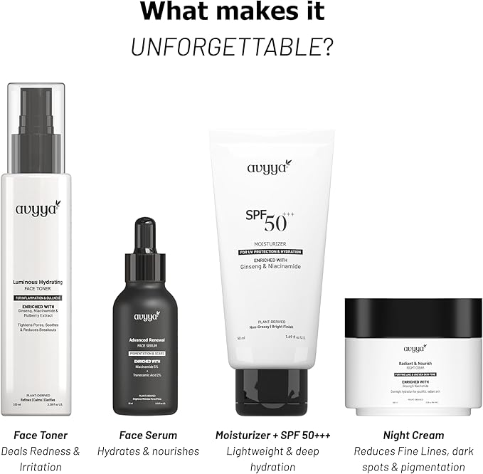 Complete Skincare Kit | Hydrating Toner 3.38 fl oz, Face Serum 1.01 fl oz, SPF Moisturizer 1.69 oz, Night Cream 3.38 oz | Brightening and Anti-Aging Cream 3.52 oz | All Skin Types