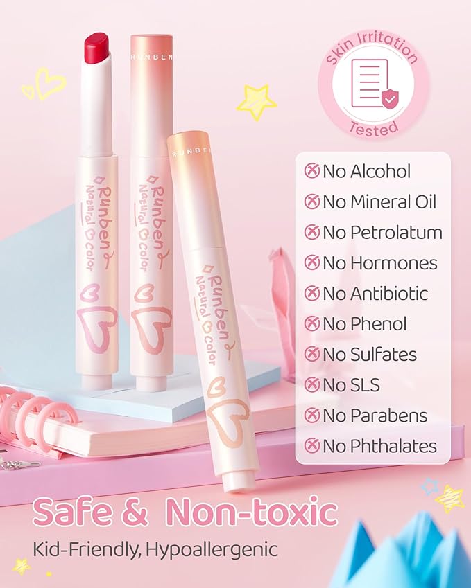 RUNBEN Kids Tinted Lip Balm, Fresh Cherry Lips Gloss, 24H Moisturizing, Safe & Non-toxic Lipstick for Kids & Teen, Birthday Makeup Gift for Girls, 2g