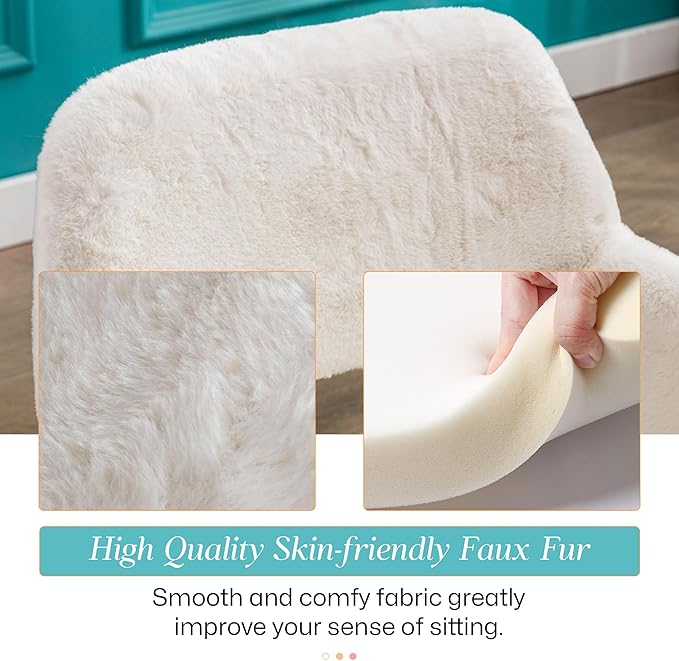 Home Office Faux Fur Desk Chair, Fluffy Makeup Vanity Chair, Comfy Accent Armchair with Wood Grain Metal Legs, Cute Dining Chair with Hollowed Back, White