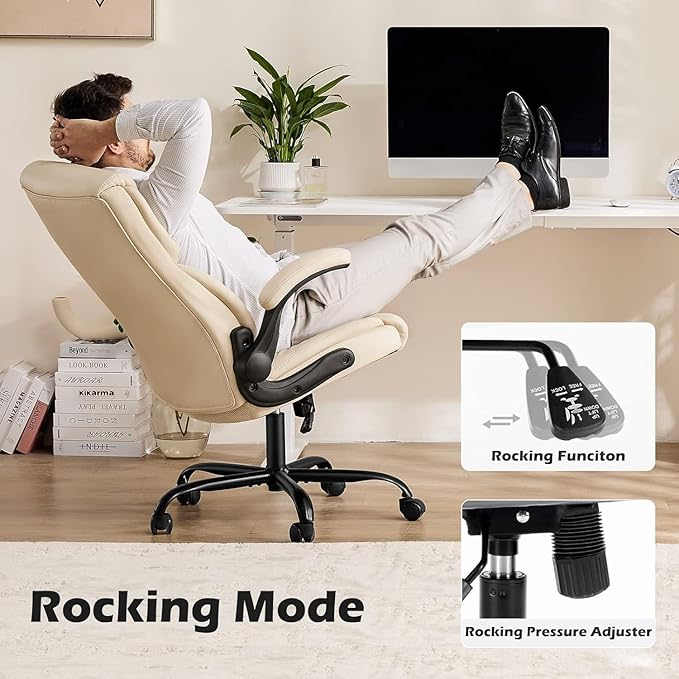 DUMOS Office Chair Set of 2 - Ergonomic Executive Computer Desk Chairs with Adjustable Flip-up Armrest, Swivel Task Chair with Lumbar Support, Strong Metal Base, PU Leather, Cream White