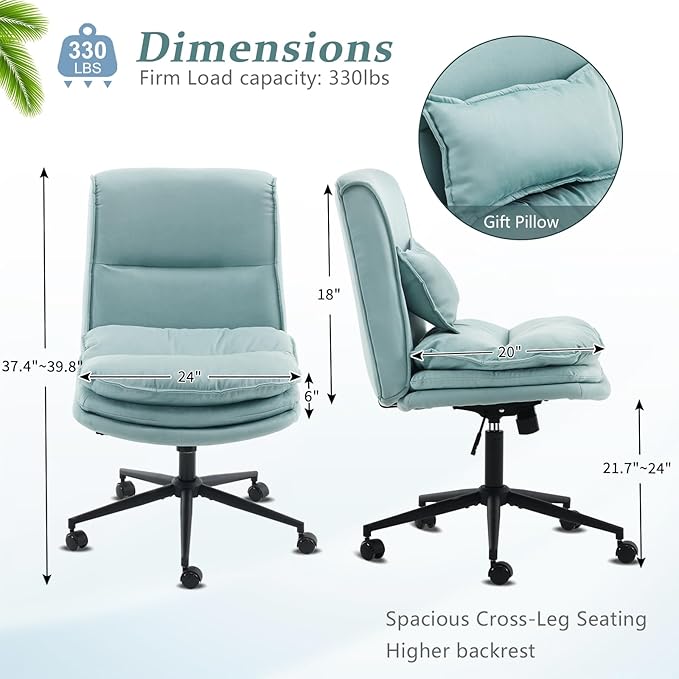 VINGLI Cloud Criss Cross Legged Chair,18" High Back Armless Home Office Desk Chair with Wheels,Wide Adjustable Comfy Padded Seat Task Computer Chair,Modern Swivel Makeup Vanity Chair,Microfiber,Blue