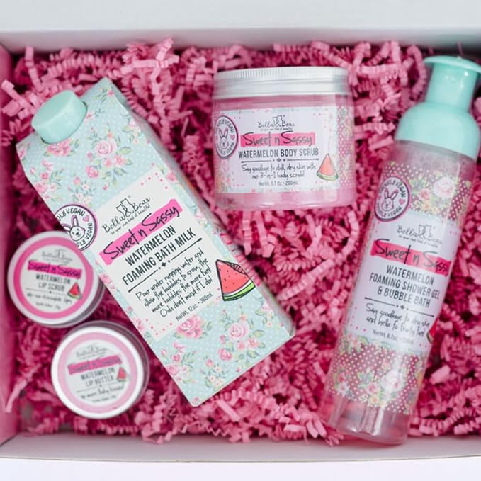 Bella & Bear Sweet 'n' Sassy Watermelon Mega Bath & Body Gift Set with Foaming Shower Gel & Bubble Bath, Bath Milk, Body Scrub & Lip Scrub and Lip Butter Great Gifts for Women