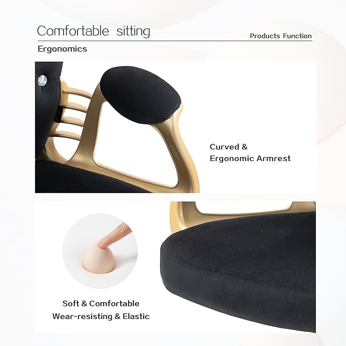 Velvet Home Office Desk Chair Comfy with Gold Base, Comfortable Swivel Makeup Chairs for Vanity with Back and Wheels, Button Tufted Armchair Rolling Chair for Girls Women Study Bedroom, Black
