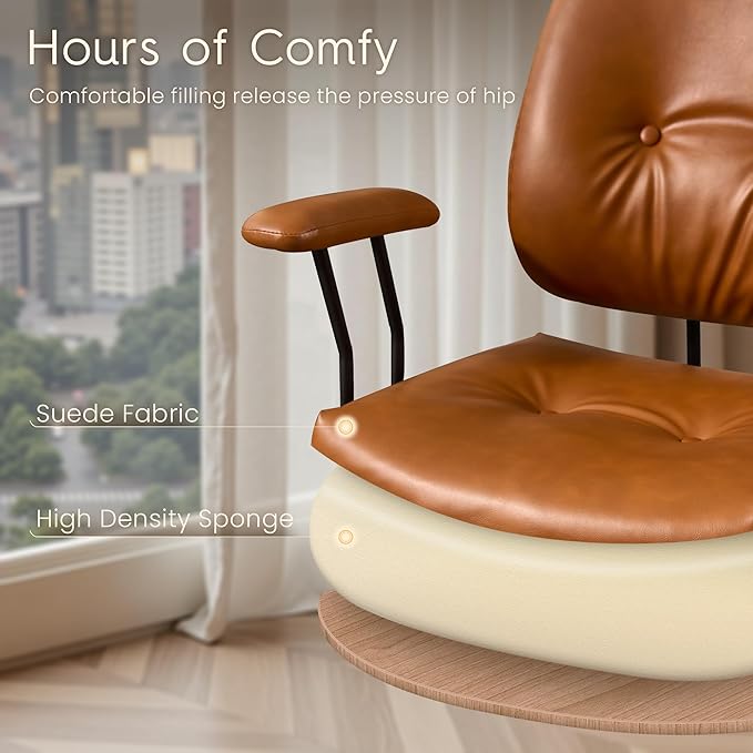 HOOOWOOO Ergonomic Office Chair,Mid Century Modern Computer Desk Chair,Comfy Executive Chair with Extra Wide Tufted Cloudy Seat Lumbar Support Rocking Back,PU Leather Light Brown