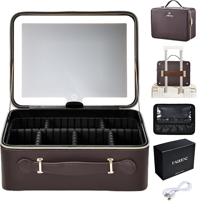 Leather Makeup Case with LED Lighted Mirror 11.4 Inch Travel Makeup Bag Adjustable Brightness in 3 Colors Cosmetic Organizer Artist Storage Bag with Dividers Brush Holder Bag Vanity Dark Brown