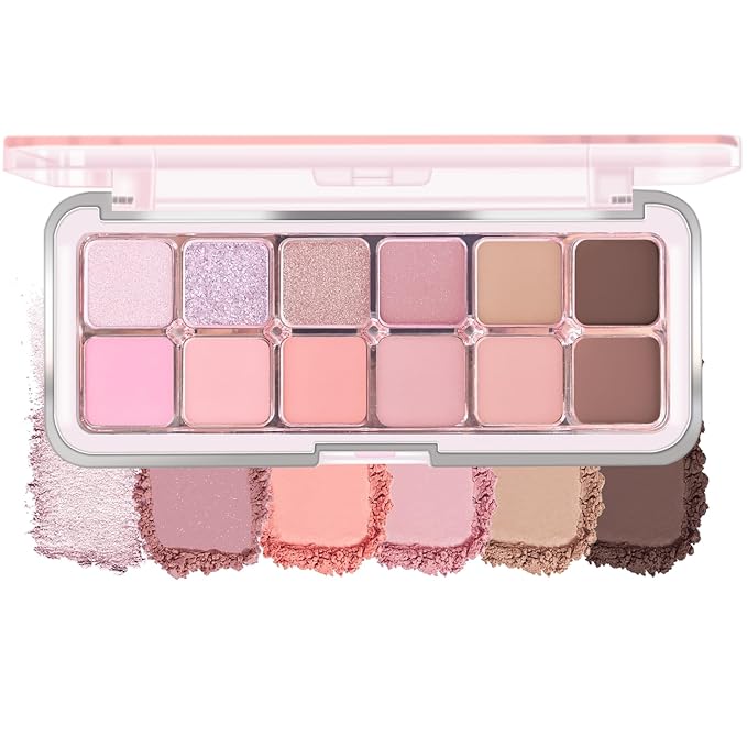 KYDA 12 Colors Pink Candy Eyeshadow Palette with Brush, High Pigment Matte Shimmer Pink Eye Shadow, Netural Eyes Palette for Women, Soft Blendable Powder Eyeshadow, Korean Eyes Makeup