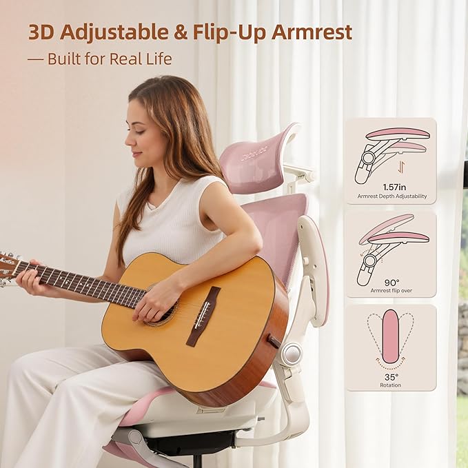 CabLady S2 Petite Ergonomic Office Chair for Women, Small Frame Desk Chair with Adjustable Lumbar, Headrest & Footrest, Space-Saving Flip-Up Armrests