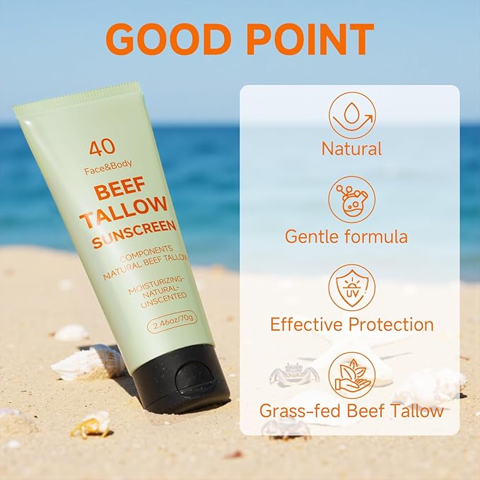 Sunscreen for Face, Beef Tallow for Skin, Reef Safe Travel Sunblock Grass-Fed Natural for All Skin Type Deep Hydration Moisturizing Non Greasy Anti White Cast, 2 Packs