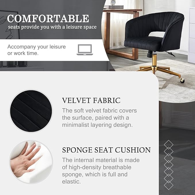 Vanity Chair with Back 360 Swivel Armchair and Gold Base, Criss Cross Chair with Wheels for Vanity Home Office, Living Room, Bedroom and Study (Black)