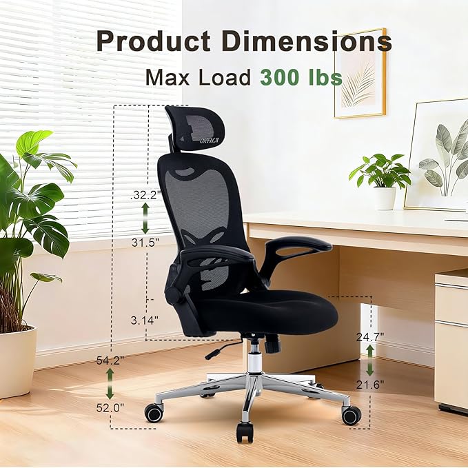 Office Chair, Ergonomic Breathable Mesh,Flip-Up Arms and Adjustable High Back Lumbar Support,Comfy Computer Chair for Home Office (Black, 407)