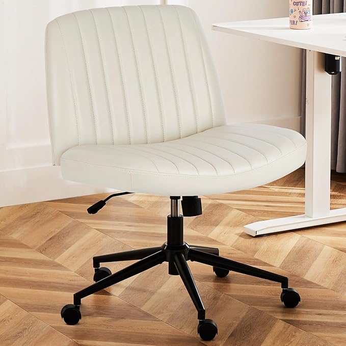 DUMOS Criss Cross Chair with Wheels, Legged Office Armless Wide Desk Seat Dual-Purpose Base, Adjustable Swivel Leather Task Vanity Home Office Desk Seating, Cream