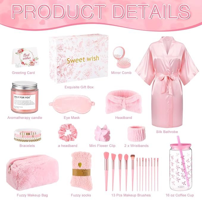 15 Pcs Birthday Gifts for Women Robe Sets for Women Spa Basket Set Graduation Gifts Bath Robe Make up Brushes Scented Candle Fluffy Socks Coffee Cup for Mom Nurse Girlfriend Wife(Pink)