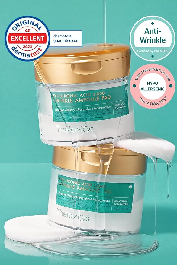 Hyaluronic Acid 3000 Wrinkle Ampoule Toner Pads with 8 types of Hyaluronic Acids and Adenosine for Clearer Skin, Pore Tightening, Moisturizing, Anti-Wrinkle - Pad Tweezer Included - 60ct
