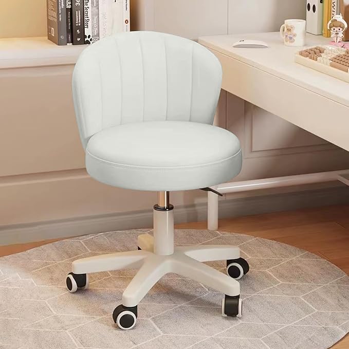 Small Desk Chair Round Rolling Chair with Back PU Leather Height Adjustable Swivel Vanity Work Computer Stool Chair for Home Office Bedroom, Set of 2