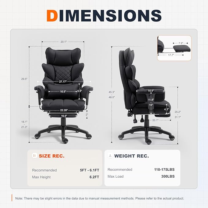 Dowinx Big and Tall Office Chair with Pocket Spring Cushion,High Back Computer Gaming Chairs with Adjustable Armrests,Executive Desk Chairs with Lumbar Support and Footrest,Fabric-Black
