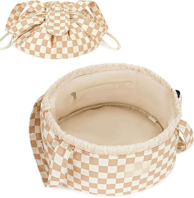 Narwey Lay Flat Open Drawstring Makeup Bag, Large Cosmetic Bag for Women Girls, Cute Make up Bags, Portable Travel Toiletry Bag for Skincare, Brushes & Travel Essentials (Brown Checkerboard)