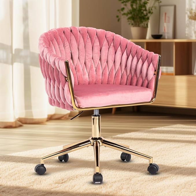 Cute Velvet Office Chair with Back and Golden Wheels, 360° Swivel Small Office Desk Chair Makeup Vanity Chair for Bedroom, Pink Rolling Chair