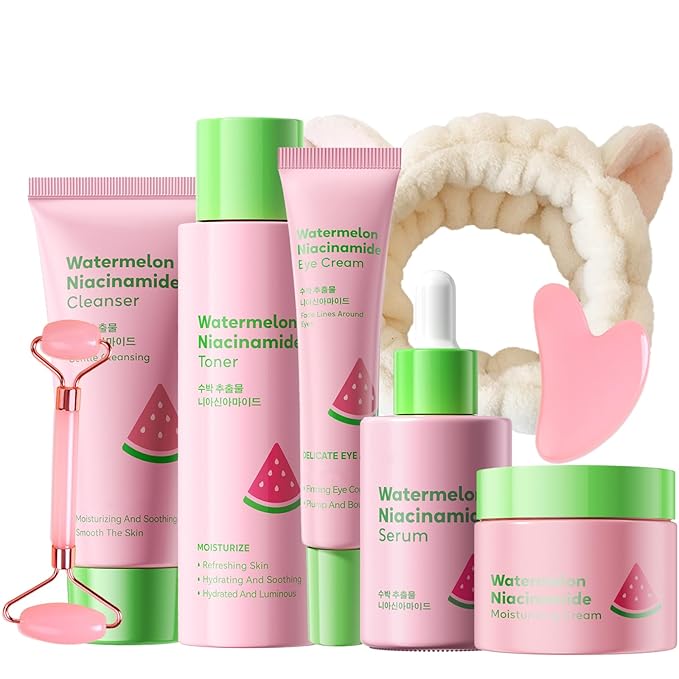 Watermelon Niacinamide Skin Care Set, Skin Care For Kids & Girls With Cleanser,Toner,Eye Cream,Cream,Serum,Headbeand & 2PCS Guasha, Skincare For Girls 10-12, Routine Beauty Skin Care For Teens Gift