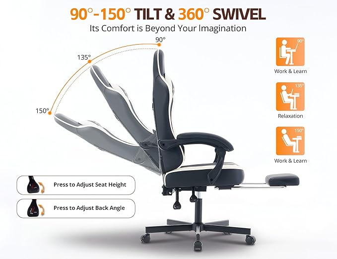Office Chair Breathable Leather with Pocket Spring Cushion, Wide and High Ergonomic Office Chair with Headrest, Computer Gaming Chair with Footrest for Adult, Black and White