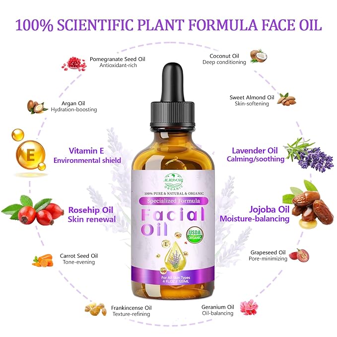 Lavender Oil for Face, Organic Facial Oils with Rosehip, Vitamin E, Frankincense & Pomegranate, USDA Certified Cold Pressed 100% Natural Anti-Aging for Moisturizing, Brightening - 4oz / 120ml