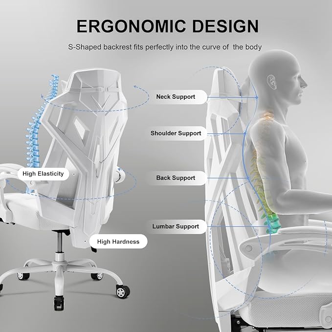 GTPLAYER Gaming Chair, Computer Chair with Mesh Back, Ergonomic Game Chair with Footrest, Reclining Game Chair with Adjustable Headrest and Lumbar Support for Gaming and Office (White)