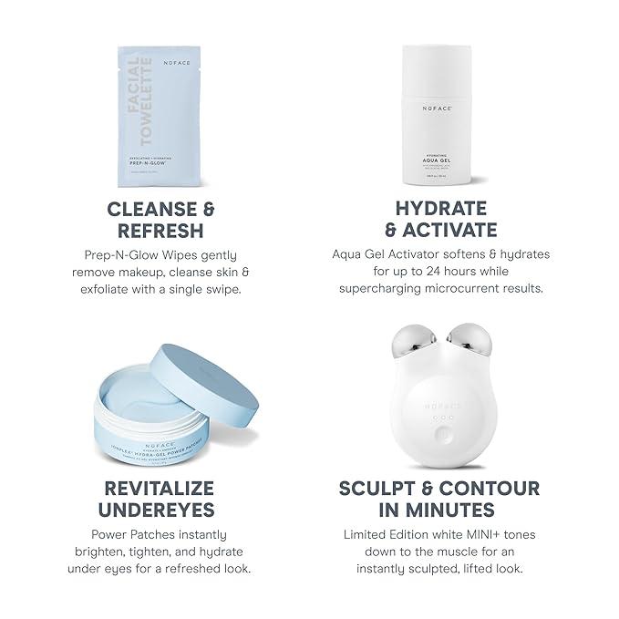 NuFACE MINI+ Microcurrent Facial Device Ultimate Uplift Kit - Brilliant White Face Sculpting & Contouring Device with Aqua Gel, Power Patches, Prep-N-Glow Skin Care Wipes & Luxe Gift Box