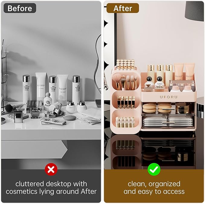 Makeup Organizer for Vanity with Brush Holder, Countertop Skincare Organizer with 2 Drawers, Spacious Cosmetic Display Case for Perfumes, Eyeshadow Palettes, Nail Polishes