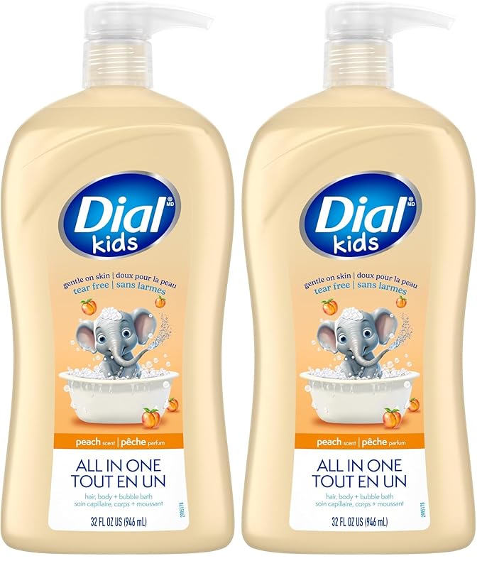 Dial Kids All-in-1 Body + Hair + Bubble Bath, Peach Scent, 32 Fl Oz, Hypoallergenic Body Wash & Shampoo, No Tears Formula for Kids 2+ Years, No Parabens & Silicones (Pack of 2)