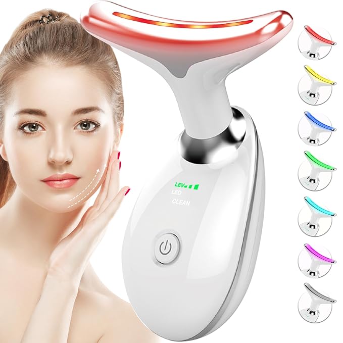 Red Light Therapy for Face and Neck, 7 Color Face Massager Tool for Wrinkles, Double Chin, Vibrating Facial Massager with Thermals for Skin Care, Gifts for Women Men, Glossy White