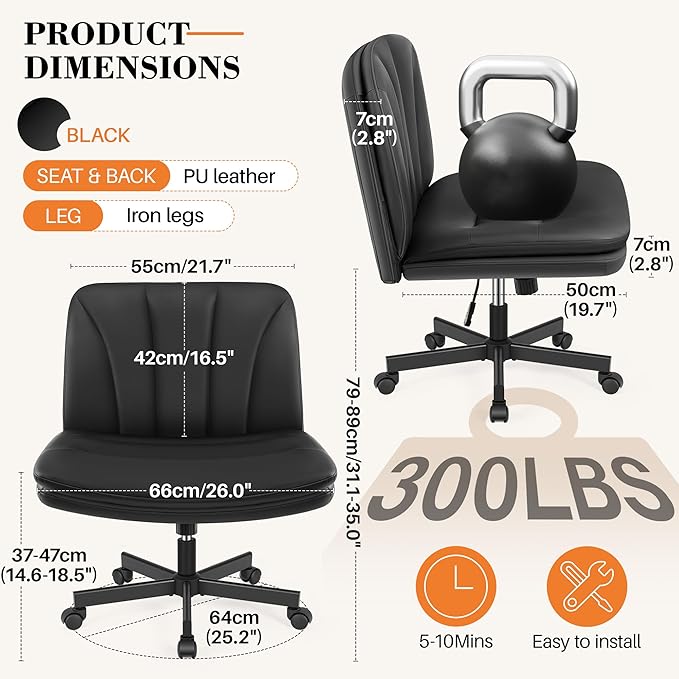 FelixKing Criss Cross Chair with Wheels, Cross Legged Office Chair, Armless Wide Vanity Desk Chair with 2 Layer Comfty Velvet & Back - Swivel for Home Office Bedroom, Dark Black