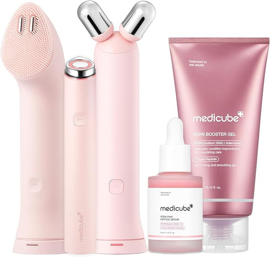 medicube All-in-One Skin Booster Device & Skincare Set: Mini Booster Pro Plus Full Facial Set, PDRN Peptide Serum, and PDRN Booster Gel | 3-in-1 Korean Facial Device for Cleansing, Firming, Hydrating