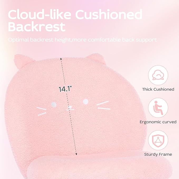 Vanity Chair with Cat Back,Armless Desk Chair Cute Small Office Chair,Teddy Fabric Computer Chair with Adjustable Height,120°Tilting,Rolling,Swivel for Vanity,Kids Room,Office,Bedroom Pink