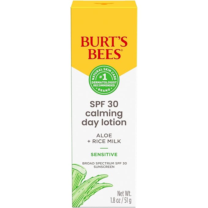Burt's Bees SPF 30 Calming Day Face Lotion With Aloe and Rice Milk for Sensitive Skin, Sunscreen Face Lotion Soothes Redness and Irritation, 99.4 Percent Natural Origin Skin Care, 1.8 oz. Tube