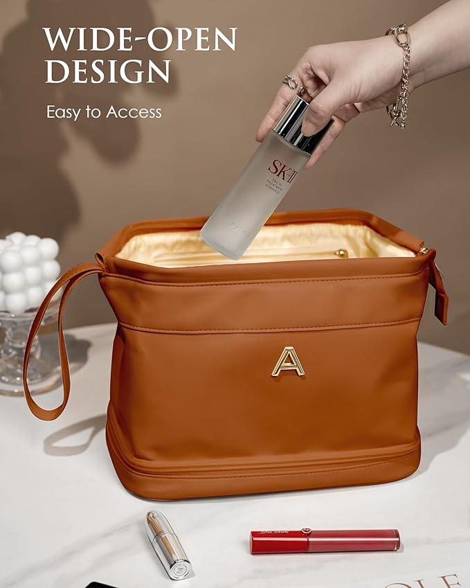 Tween Gifts, Personalized Makeup Bag, Monogrammed Gifts, Initial Double Layer Cosmetic Bag with Makeup Brush Organizer, Travel Toiletry Bag, Gifts for Friends Female Mom, Teen Girl Gifts