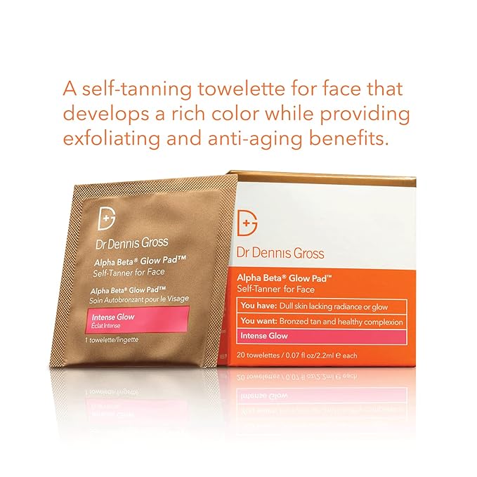Dr Dennis Gross Alpha Beta Glow Pad Self Tanner Intense Glow for Face: for Dull Skin Lacking Radiance & Glow, (20 Towelettes)