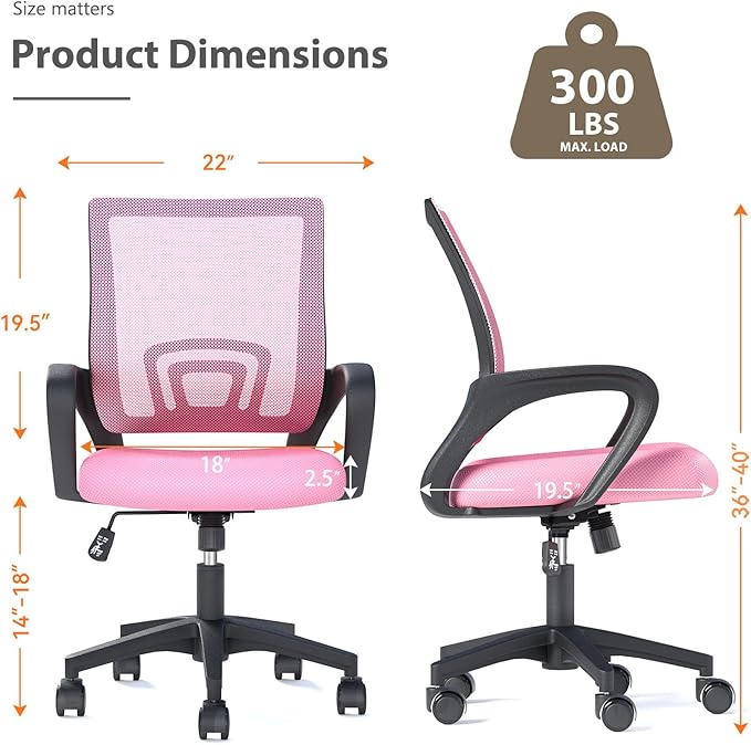 Home Office Chair, Ergonomic Mid-Back Mesh Desk Chair with Lumbar Support, Adjustable Swivel Rolling Design, Comfy Armrest for Work, Study, Gaming, Vanity, Pink