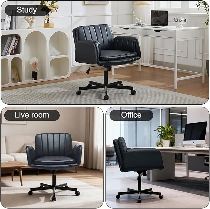 PU Leather Criss Cross Office Chair with Armrests & Wheels, 5-Gear Flip Up Arms Comfy Desk Chair for Women, Height Tilt Adjustable Swivel Chair for Home Office, Make Up, Bed Room and Living Room