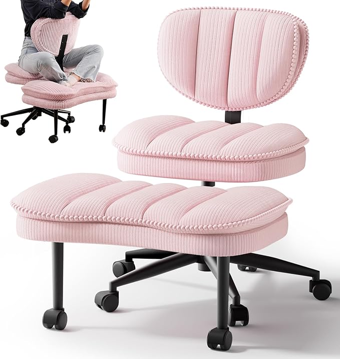 Extra-Wide & Tall Cross-Legged Office Chair – Deeply-Padded Cloud Seat, Ergonomic Back Support, Adjustable Height for ADHD & Meditation,Pink