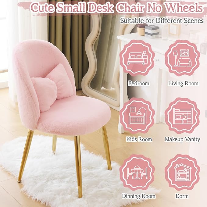 VINGLI Fluffy Girls Vanity Chair with Back & Pillow,Cute Small Cozy Desk Chair No Wheels,Comfy Makeup Ch with Ajustable Gold Legs,for Bedroom,Living Room,Small Space,Pink