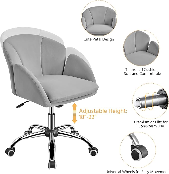 Yaheetech Cute Velvet Desk Chair for Home Office, Makeup Vanity Chair with Armrests for Bedroom Modern Swivel Rolling Chair for Women Light Gray