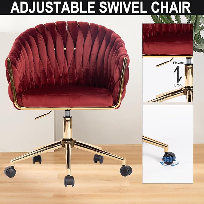 Velvet Office Chair, Vanity Chairs with Wheels, 360° Swivel Velvet Home Office Desk Chair, Accent Chair Makeup Vanity Chair for Bedroom, Living Room(Red)