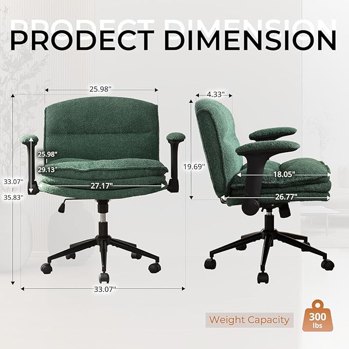 Dowinx Criss Cross Chair, Ergonomic Office Desk Chair with Adjustable Flip-Up Arms and Wheels, Wide Seat Armchair with 3-Layer Cushions for Home Office, Living Room, or Bedroom – Deep Green