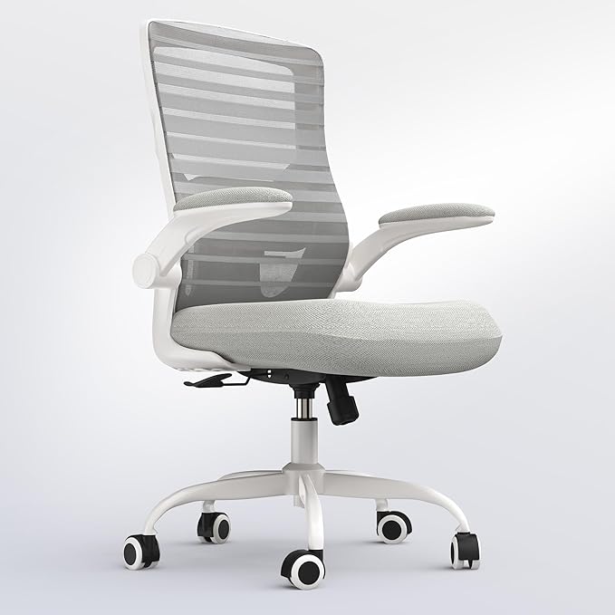 Office Chair for Long Hours & Lower Back Pain Relief – 4" Thick Molded Foam Cushion, Padded Lumbar Support and Flip-up Armrests, Ideal for Office or Study (Modern, Light Gray)