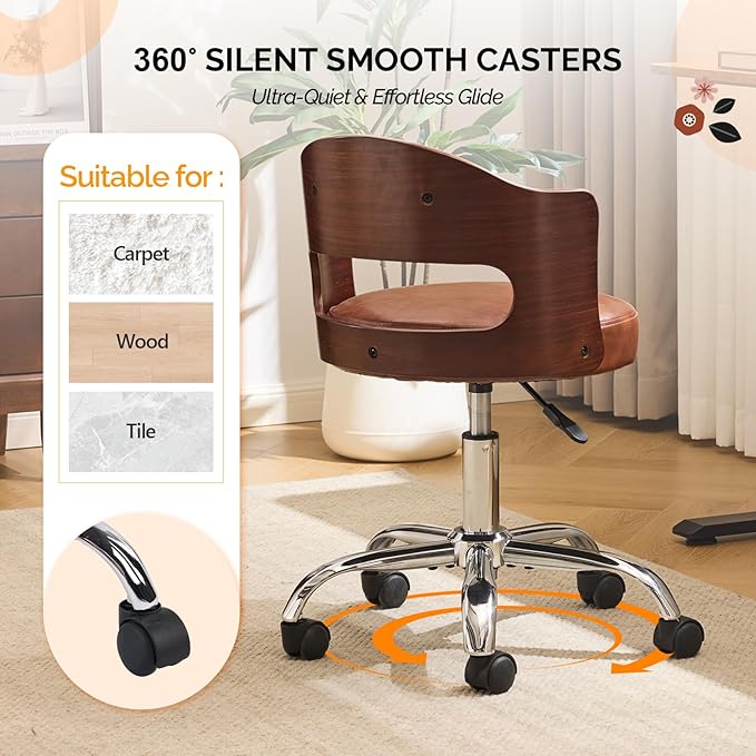 VINGLI Armless Home Office Desk Chair, Adjustable Swivel Chair,Dual-Use with/no Wheels,Small Retro Designed Walnut Curved Task Chair,Cushioned Nail Tech Chair for Study Area,Workspace,PU,Brown
