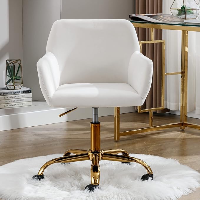 KCC Velvet Office Desk Chair, Comfy Swivel Modern Leisure Armchair with Wheels, Upholstered Comfy Velvet Fabric Makeup Chair Height Adjustable for Teens Women Girls Elegant Home Office, White