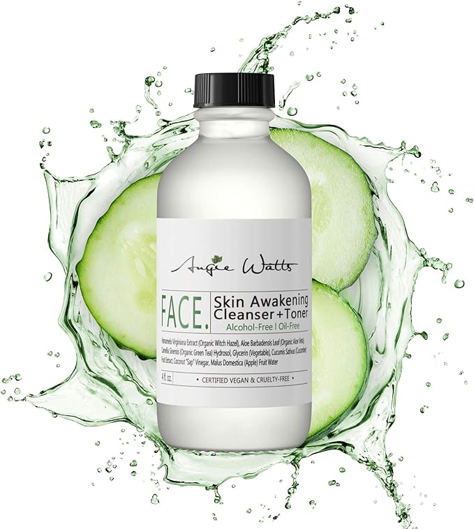 Angie Watts FACE. Skin Awakening Cleanser + Toner, 4oz - Alcohol-Free, Oil-Free Cleanser & Toner Duo | All Natural and Organic Ingredients, Vegan | Formulated with Organic Witch Hazel & Aloe