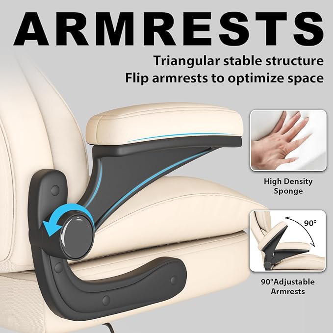 Hovos Office Chair, Ergonomic Big and Tall Desk Leather Chair with Padded Flip-up Arms, Adjustable Tilt Lock, Heavy Duty Swivel Rolling Computer Chair for Home Office, Beige